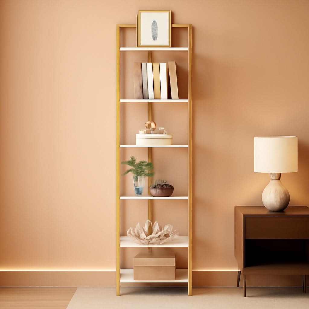 6-Tier Corner Shelf Stand White Gold Finish For Living Room