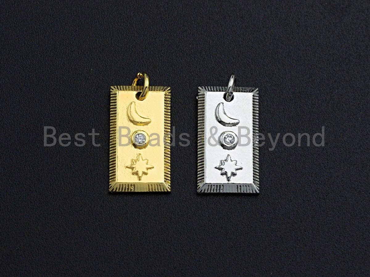 CZ Micro Pave Moon And Star On Rectangle Shaped Pendant/Charm, Cubic Zirconia Pendant Charm,10x18mm,sku#Z556