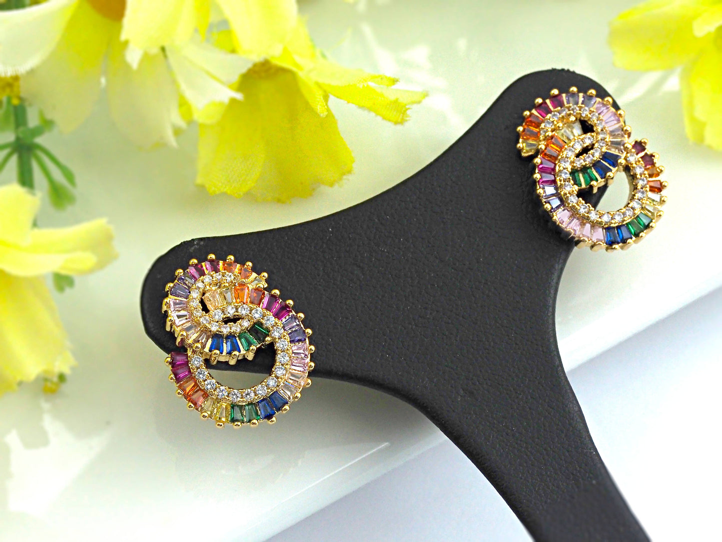 Rainbow Twin Circles  Stud Earring, J132