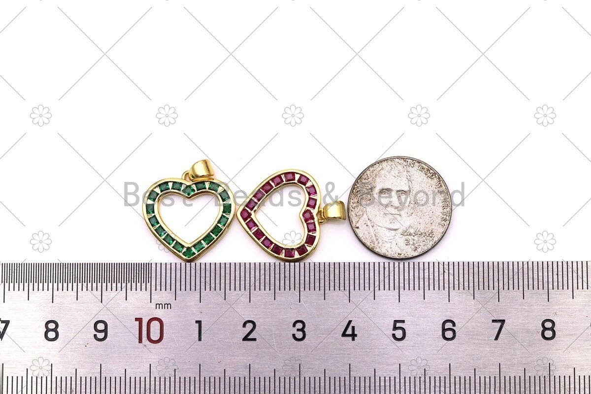 Green/Fuchsia/Clear CZ Micro Pave Heart Shape Pendant, 18K Gold Filled Heart Charm, Necklace Bracelet Charm Pendant, 19x19mm,Sku#LK491