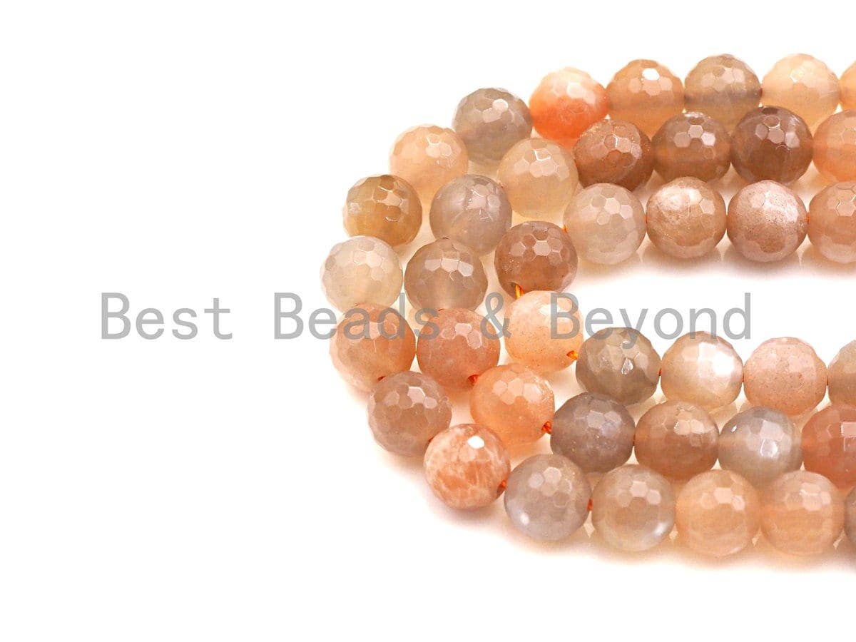 Mystic High Quality Natural Peach Moonstone, 8mm/10mm/12mm Moonstone Round Faceted, 15.5" Full Strand, Sku#U724