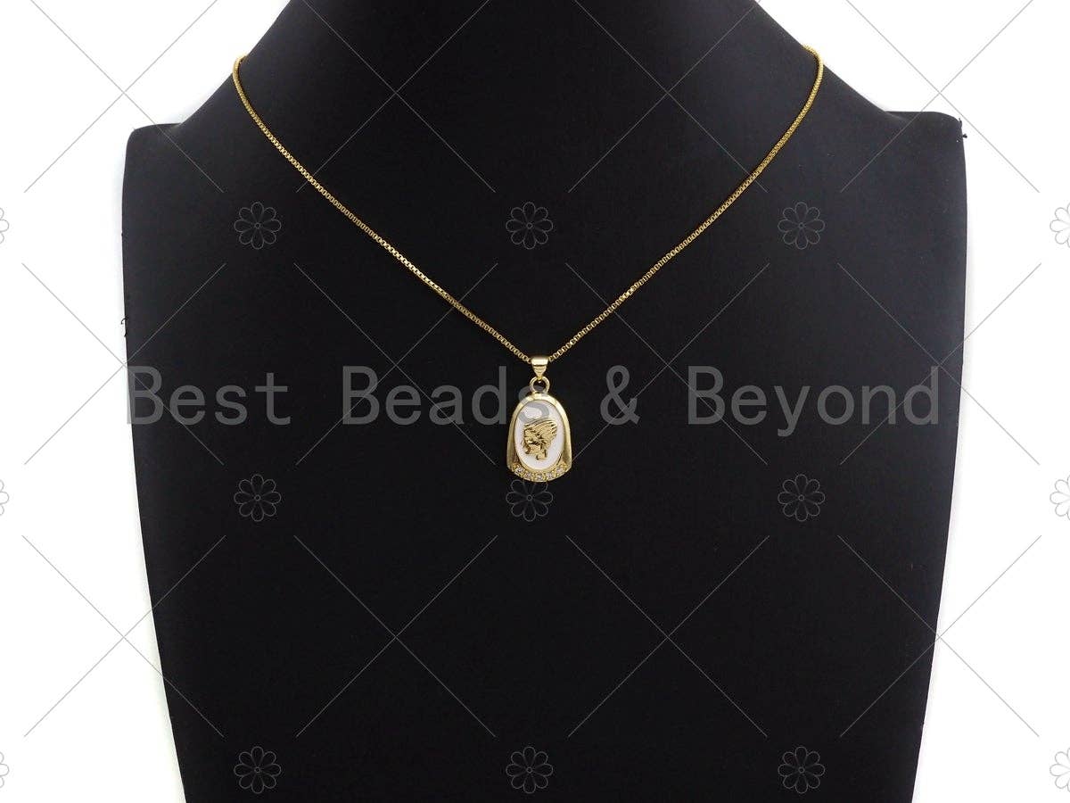 CZ Pave Black/White Enamel Medallion Lady Pendant Charm, Gold Oval Coin Charm, Greek Coin Medallion, sku#LK02