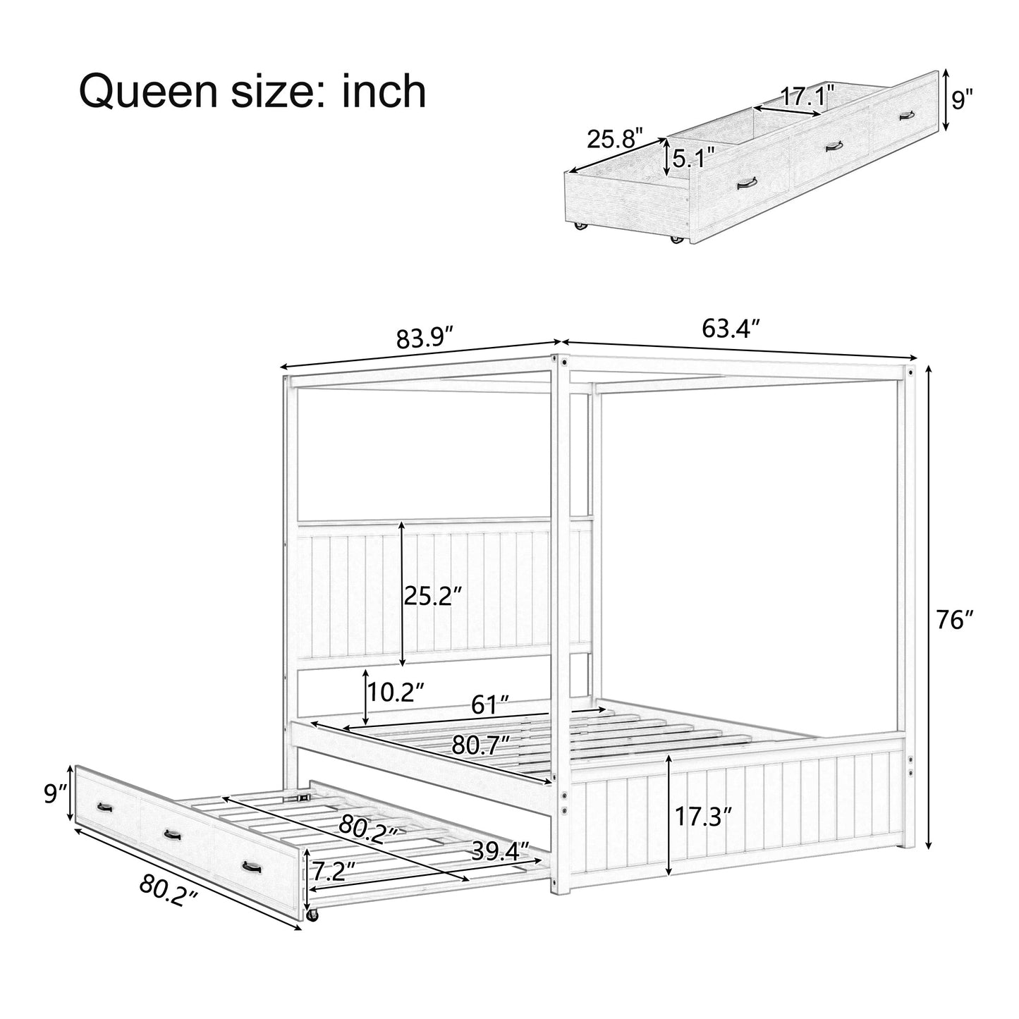 Queen Size Canopy Bed with Trundle and Storage