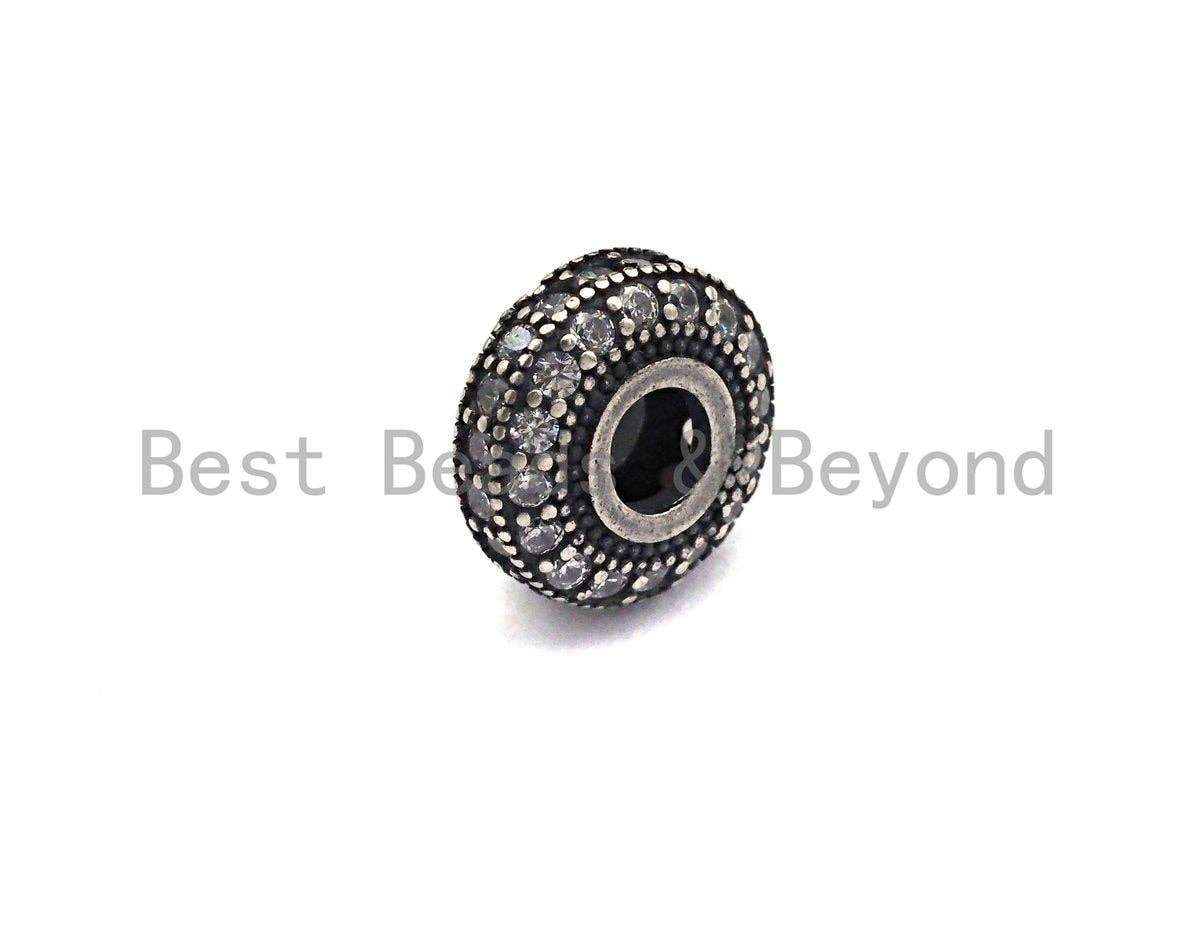 CZ Donut Shaped Micro Pave Space Beads in Antique Silver, Cubic Zirconia Space Beads, Rhidium Rondelle Big hole Beads, 10x5mm, sku#X124