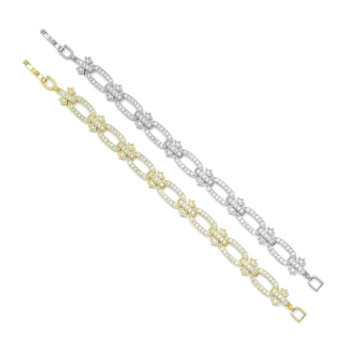 CZ Oval Flower Rectangle Link Gold Silver Bracelet, Sku#A347
