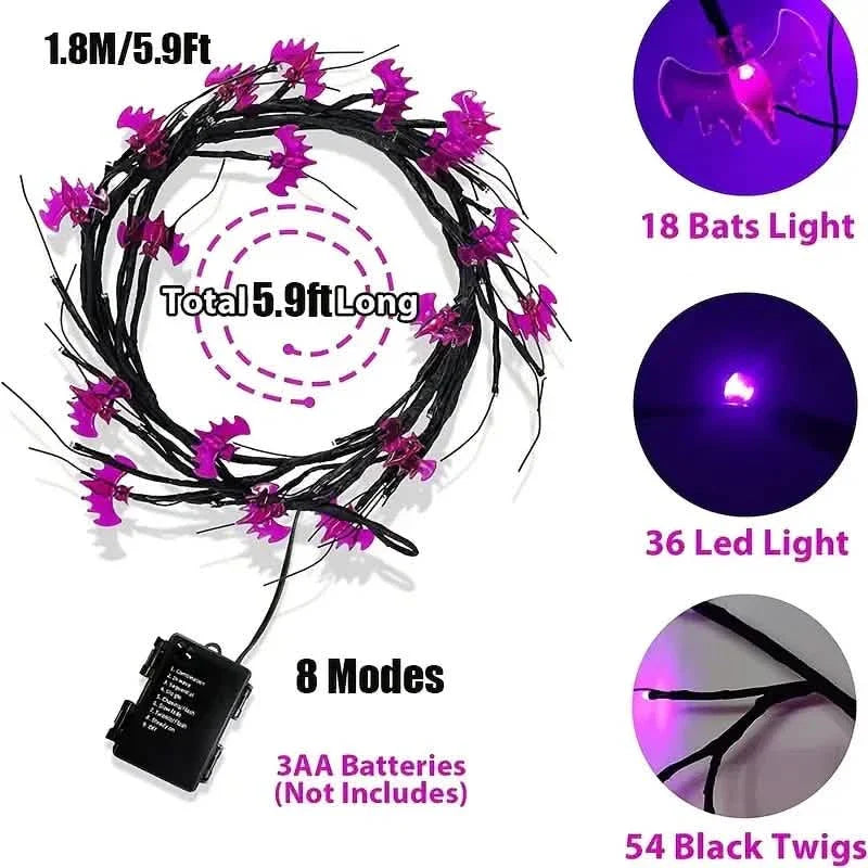54LED Halloween Bat Decorative Branch String Lights, Wall-mounted Indoor Decorative String Lights