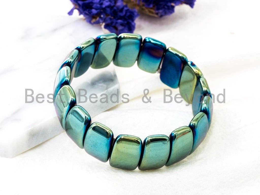 Green Blue Natural Hematite Stretch Bracelet, Titanium Plate
