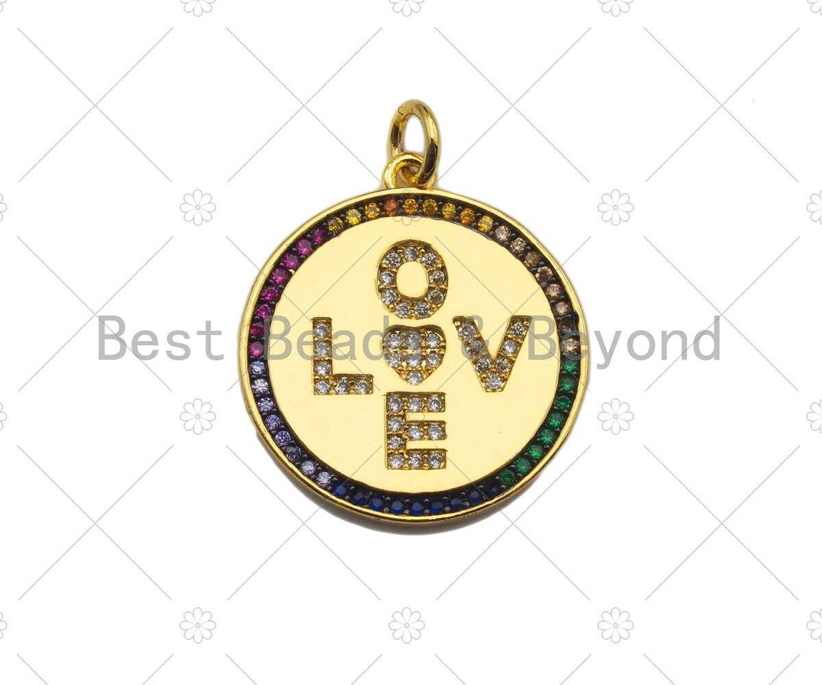 Multicolor CZ Micro Pave Love On Round Coin Pendant/Charm,Cubic Zirconia Paved Love Charm, Necklace Bracelet Charm Pendant,21x22mm, sku#L338
