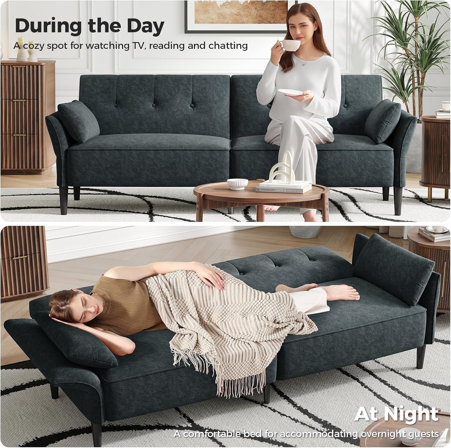 89 Inch Dark Gray Velvet Fabric Convertible SofaBed