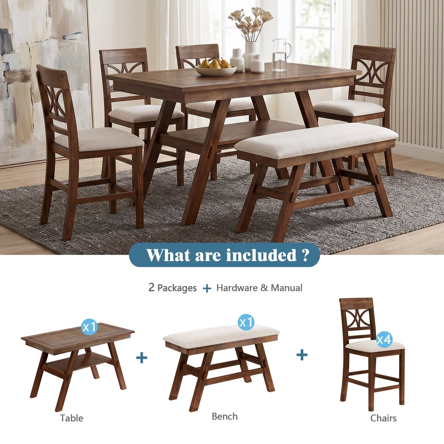 TOPMAX 6-Piece Wood Counter Height Dining Table Set