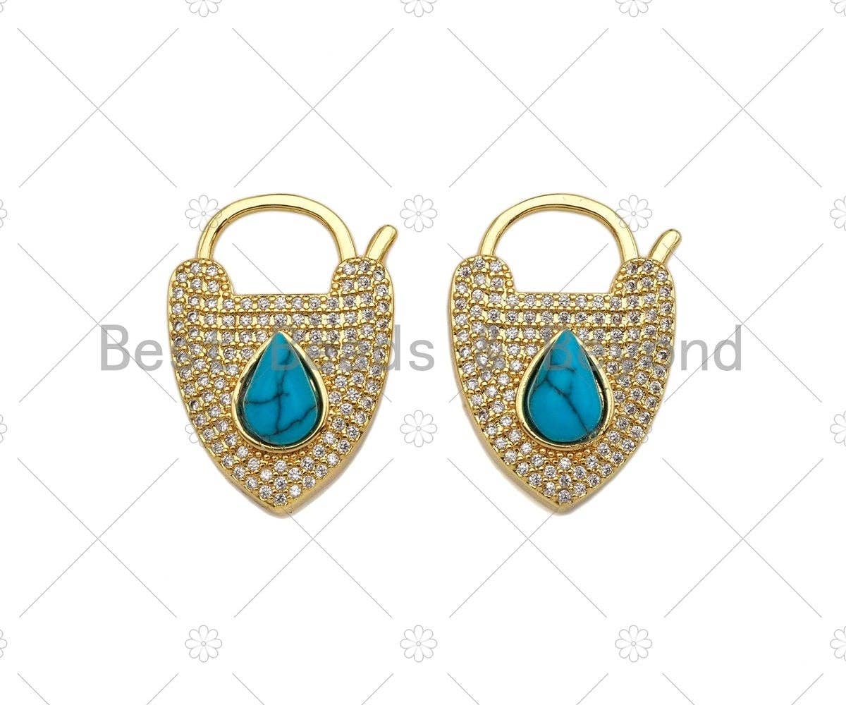 CZ Micro Pave Turquoise Padlock Clasp Charms, Heart CZ Padlock Clasp, Heart Chain Connector, Padlock Necklace Charms, 25x18mm, Sku#K160