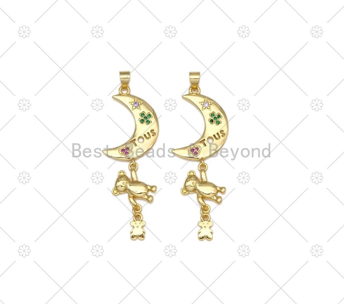 CZ Micro Pave Cresent Moon With Teddy Bear Shape Pendant,18K Gold Filled Moon Bear Charm, Necklace Bracelet Charm Pendant,16x51mm,Sku#LK477