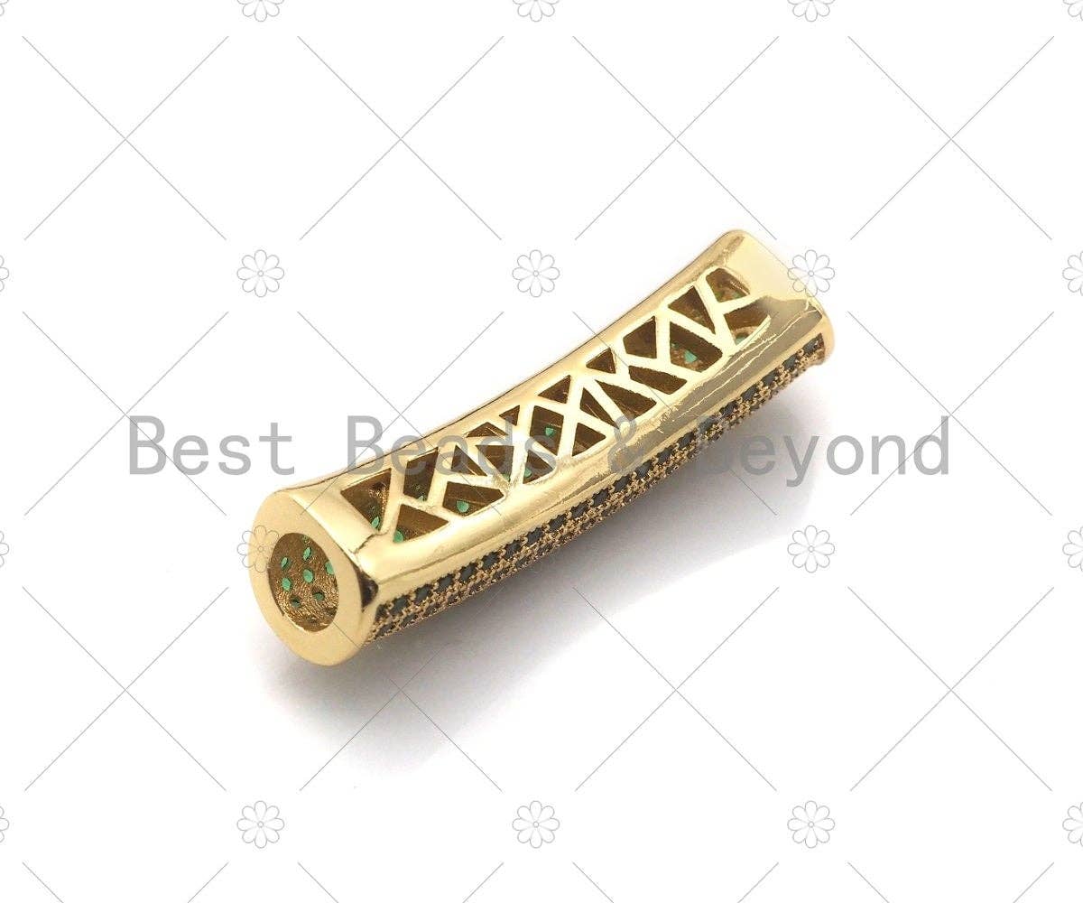 Green CZ Micro Pave Half Full Pave Tube for Bracelet/Necklace,CZ Spacer Tube in Silver/Gold/Rose Gold/Black, Tube Beads, 38x8mm,sku#ML11