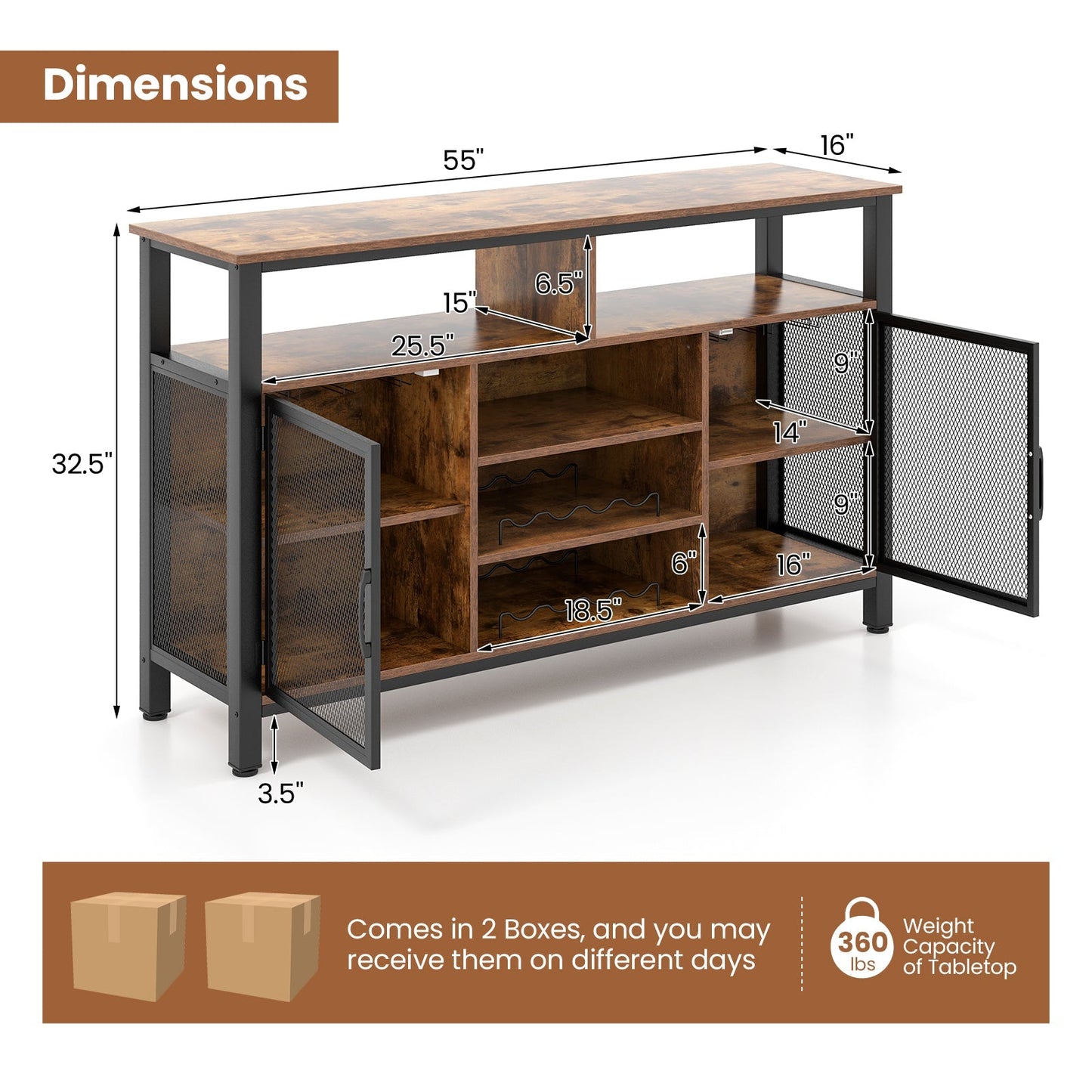55-Inch Buffet Sideboard with 8-Bottle Wine Racks and Wine Glass Holders