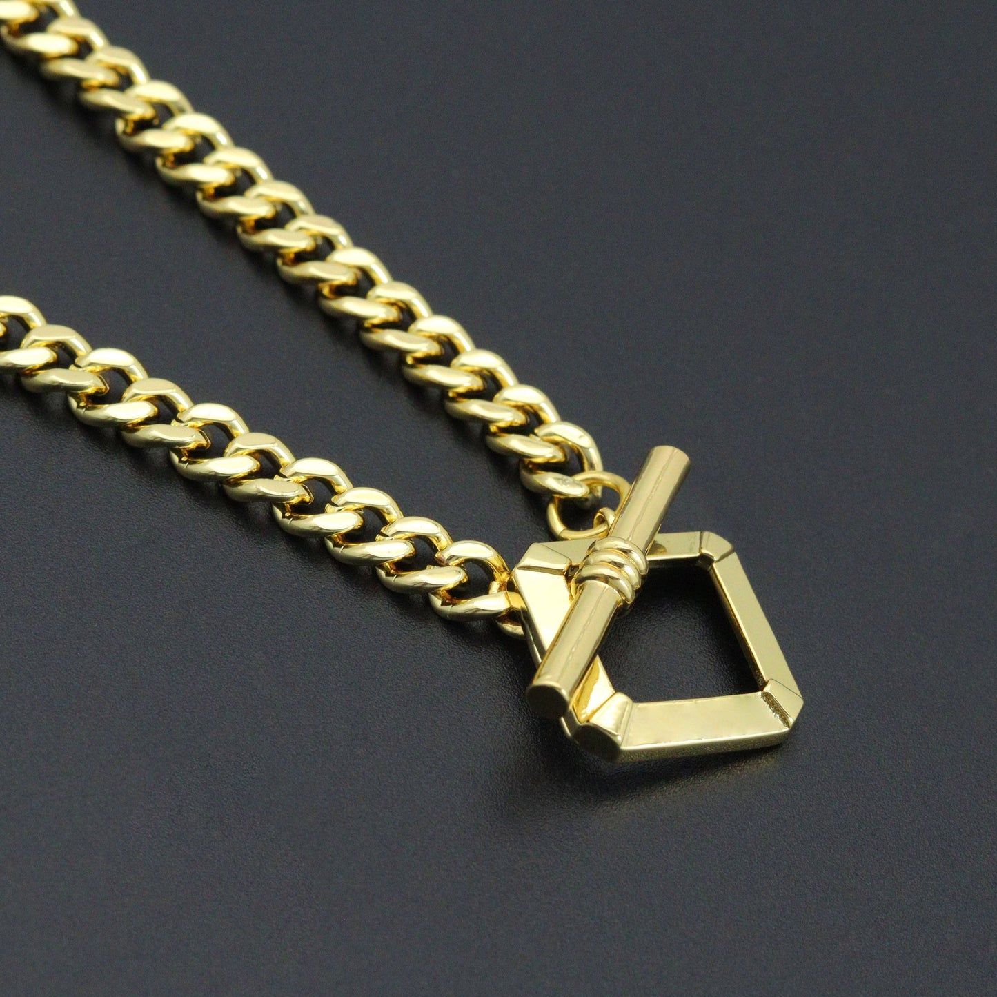 Gold Rectangle Toggle Clasp Cuban Chain Link Adjustable Necklace, Sku#L731