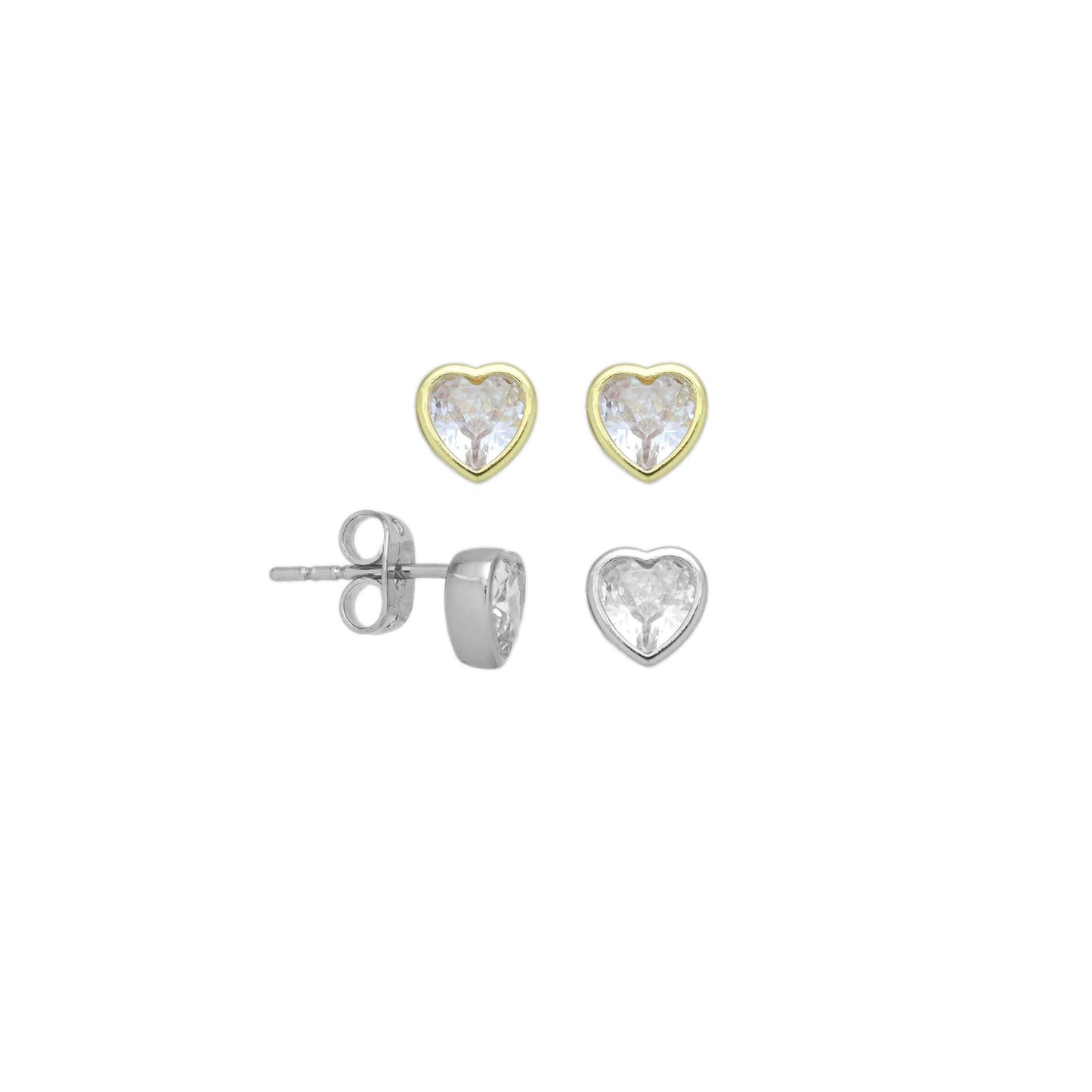 Gold Silver Clear Heart CZ Stud Earrings, Sku#A297