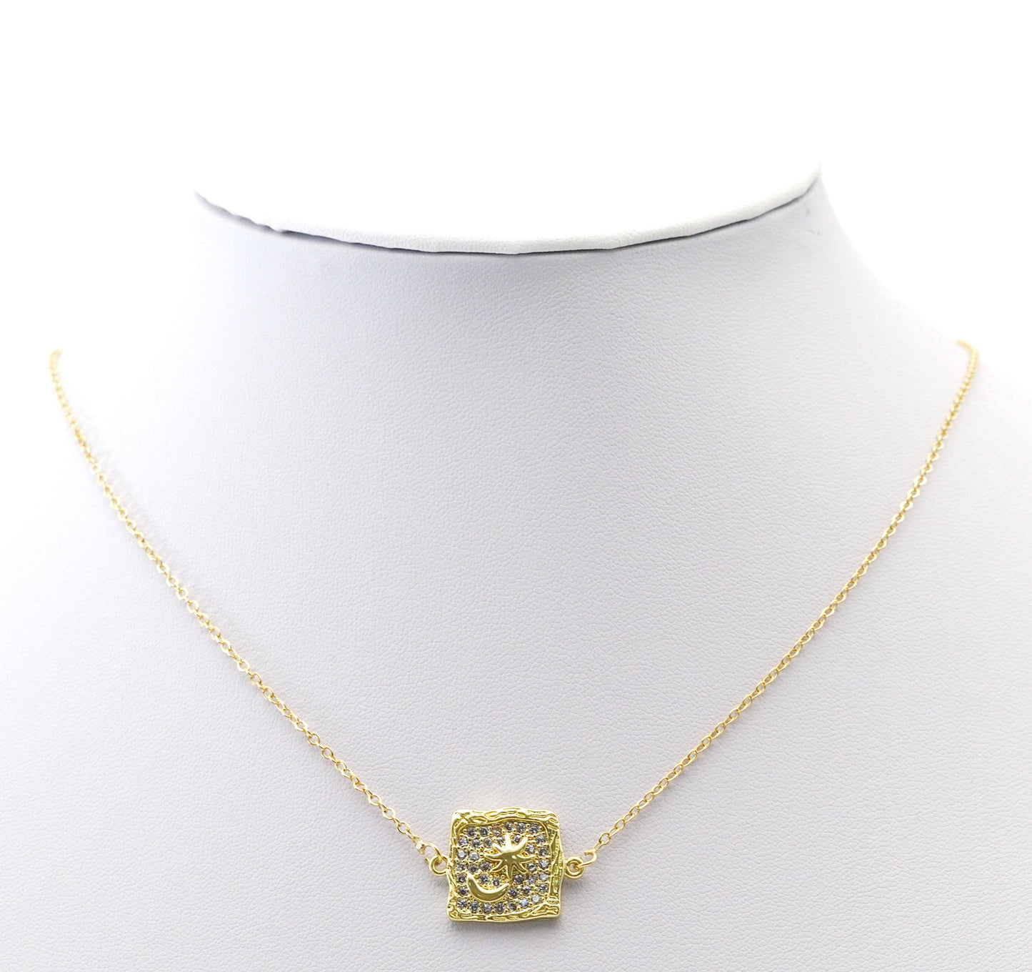 CZ Gold Star Cresent Moon Square Connector Charm, Sku#LK770
