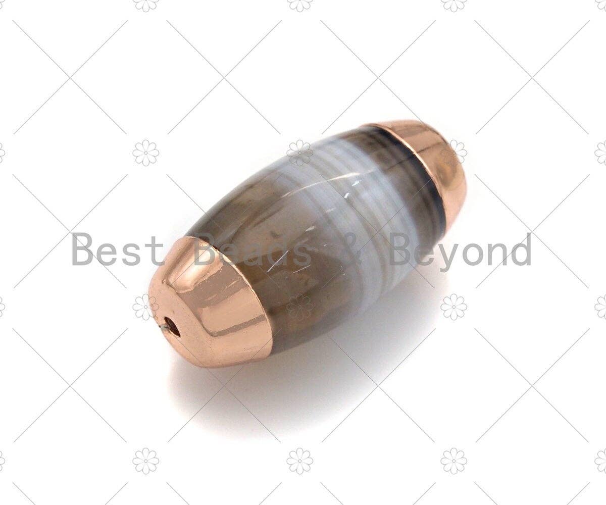 15x30mm Large Natural Banded Agate with Silver/Gold/Rose Gold Finish,Barrel Shape Spacer Beads, Oval Banded Agate Beads, sku#U993