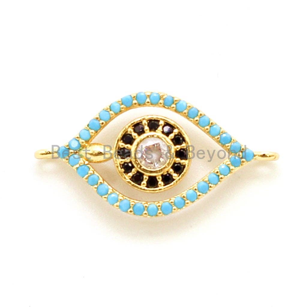 CZ Micro Pave Turquoise Evil Eye Connector for Bracelet/Necklace, Cubic Zirconia Space Connector, 12x23mm,sku#E36C