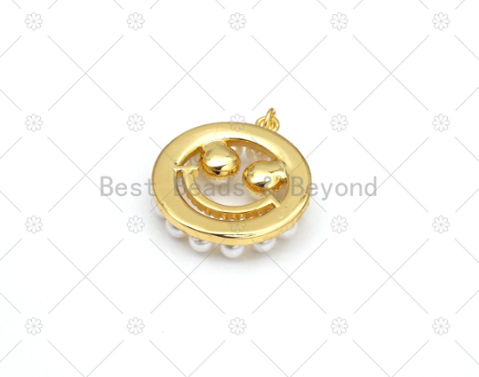 CZ Micro Pave with Pearl Smiley Face On Round Ring Shape Pendant,18K Gold Filled Charm, Necklace Bracelet Charm Pendant,23x26mm,Sku#LK460