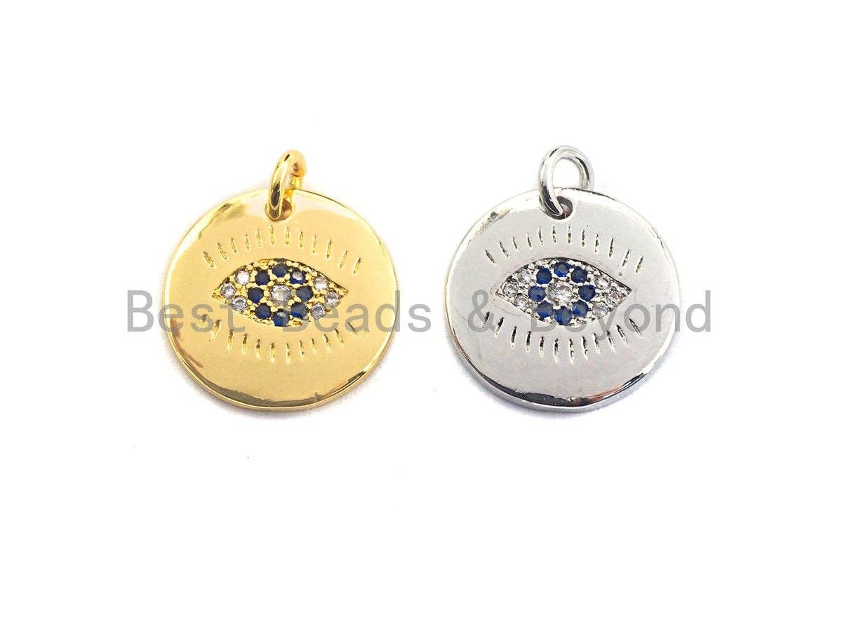 Cobalt CZ Micro Pave Round Evil Eye on Disc Pendant/Charm, Sku#Z417
