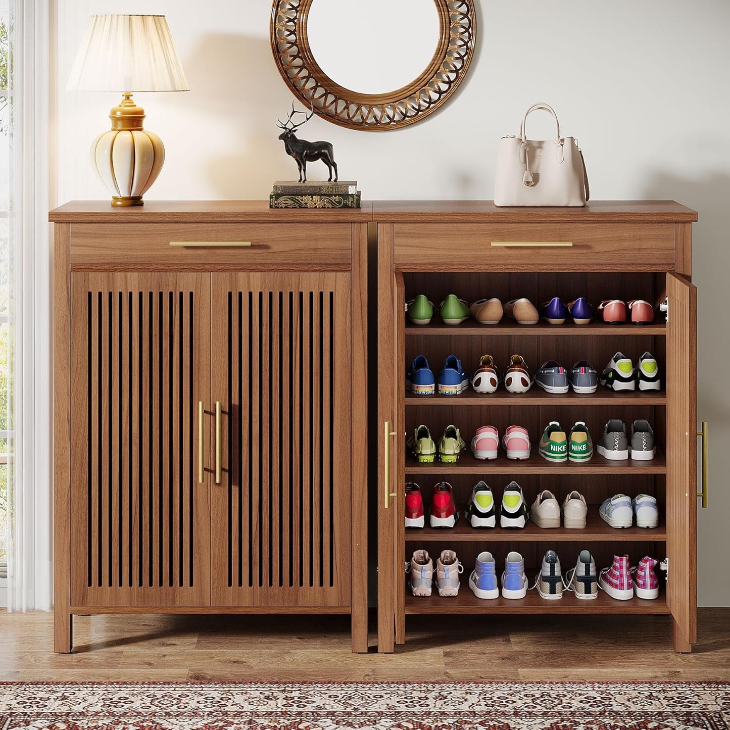 5-Tier Shoe Storage Cabinet with Louvered Doors and Drawer