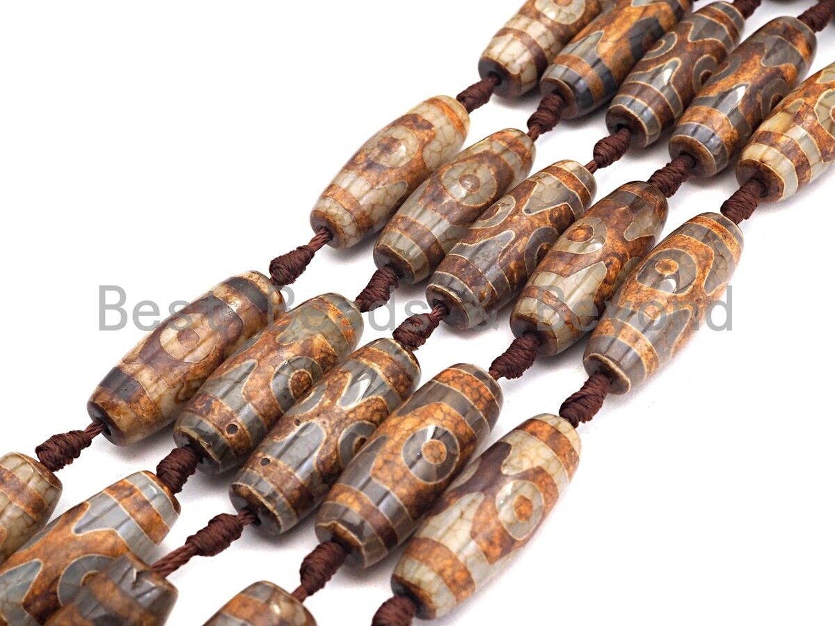 1pc/10pcs Natural Tibetan Agate Beads, Brown Tibetan Long Oval Shape Beads, Dzi Eye Agate Beads, 12x30mm, sku#U539