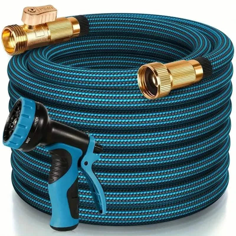Tuyau d'arrosage robuste – 7,5m en caoutchouc bleu anti-fuite avec raccords en laiton et buse d'arrosage
