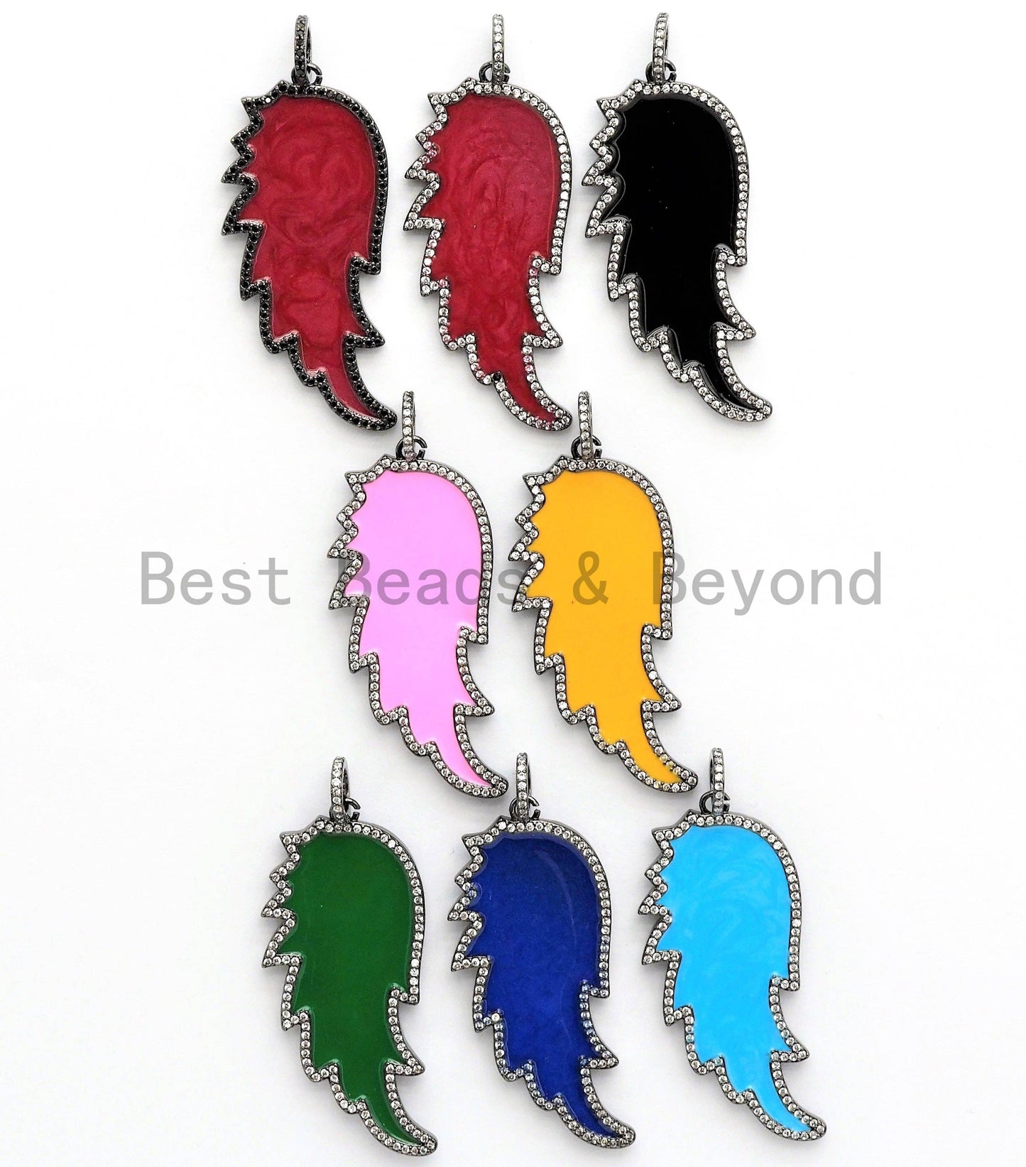 Colorful Enamel Angel Wing Pendant/Charm, Cubic Zirconia Pave Wing Pendant, Pink/Royal Blue/Black/Yellow Wing Charm,  22x51mm, SKU#F620