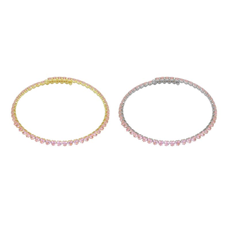 Gold Clear Pink Heart CZ Adjustable Choker Necklace, Sku#A33