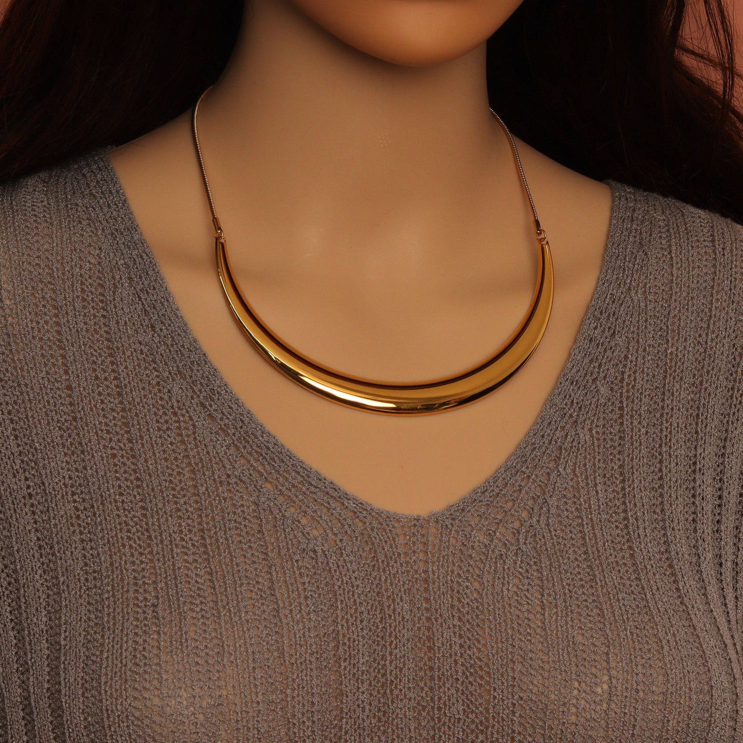 Bold Gold Cresent Moon Necklace, Sku#O127