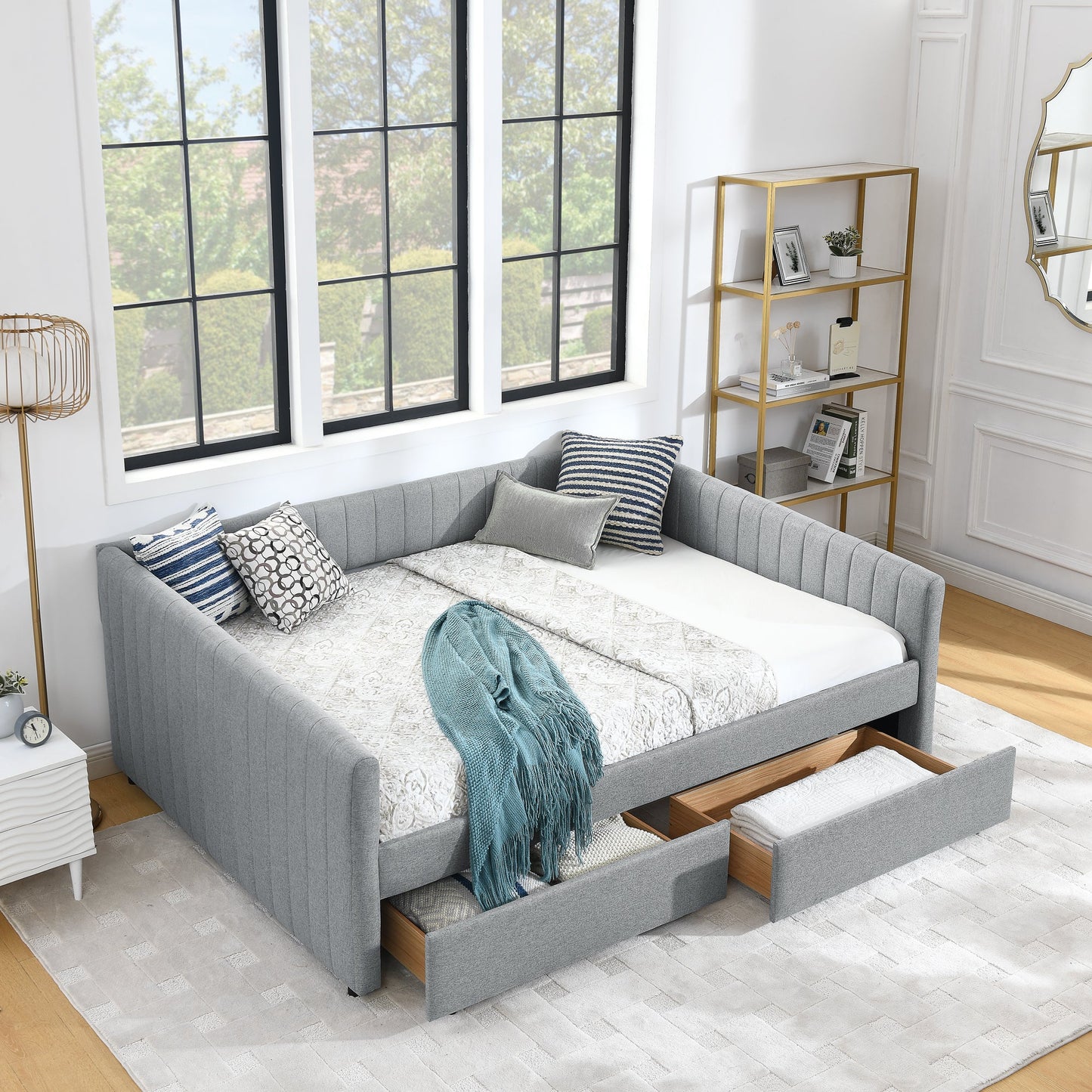 Queen Size Daybed with Two Drawers Trundle Upholstered Sofa Bed