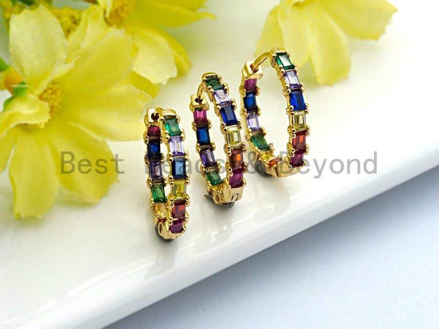 Rainbow cz Micro Pave Huggie Hoop Earrings, Micro Pave CZ Hoops, Hoop Earrings, Dainty Earrings, 3x20x21mm,sku#J109