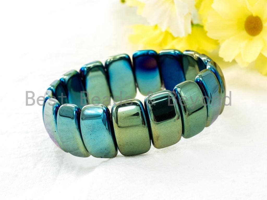 Green Blue Natural Hematite Stretch Bracelet, Titanium Plate