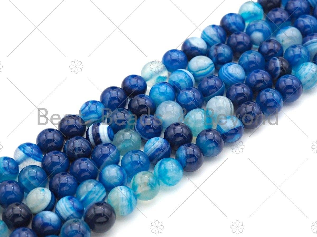 High Quality Blue Banded Agate Round Smooth Beads, 6mm/8mm/10mm/12mm Agate, Natural Blue Agate Beads, 15.5"Full Strand, sku#UA116