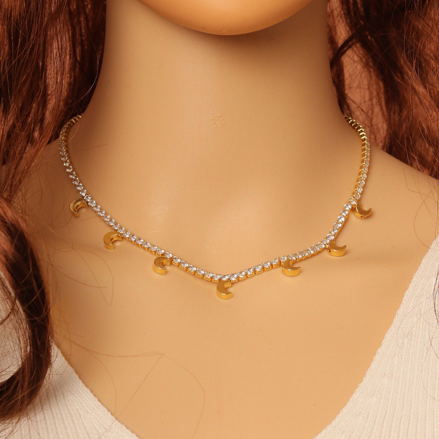 CZ Cresent Moon Tennis Chain Necklace,sku#LD378