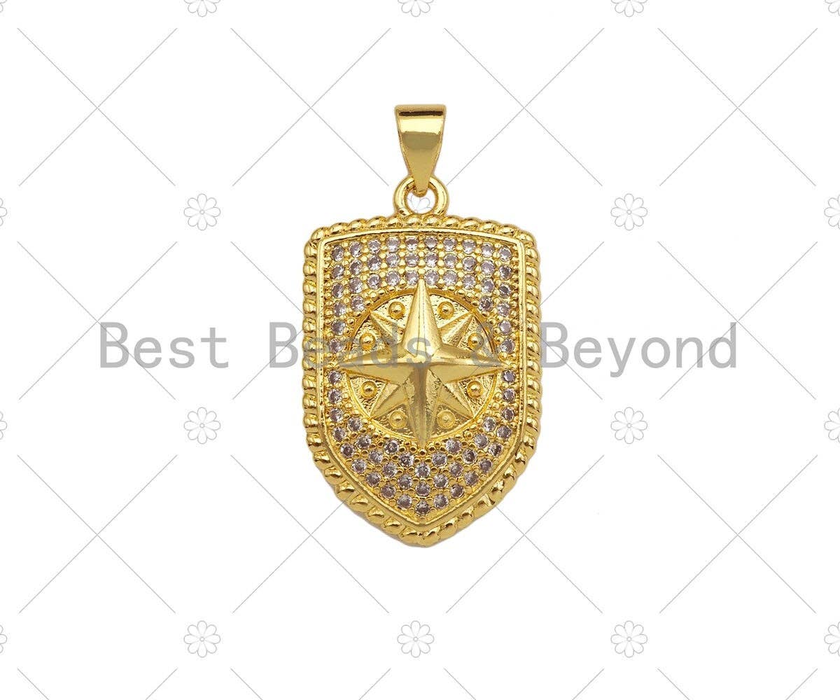 CZ Micro Pave North Star On Shield Pendant/Charm,Cubic Zirconia Star Charm, Necklace Bracelet Charm Pendant,16x25mm, Sku#LK190