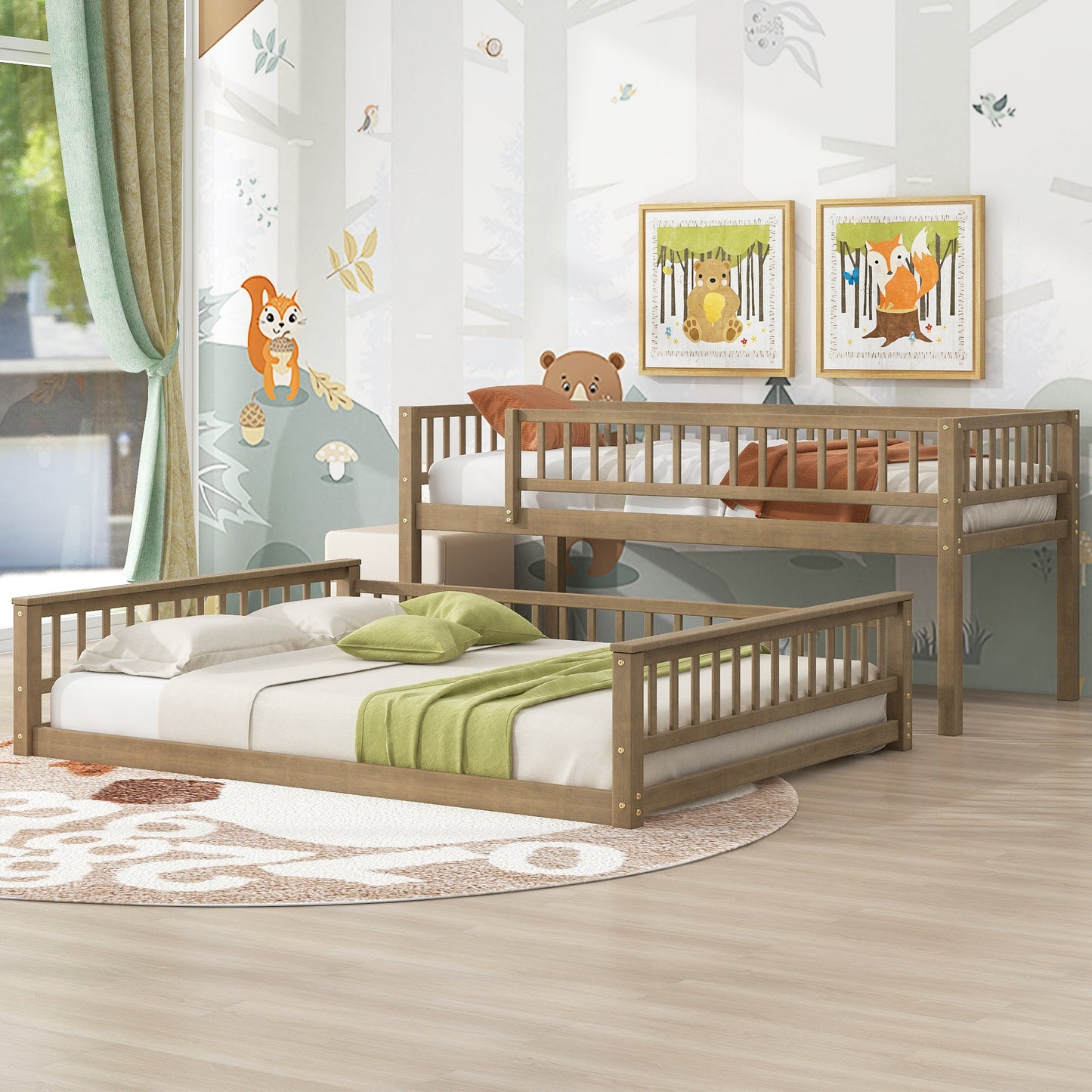 Twin XL Over Queen Bunk Bed with Ladder and Guardrails