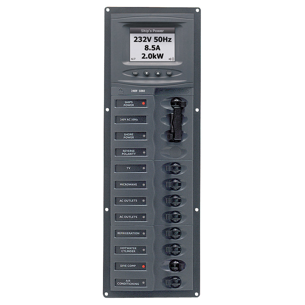 Tableau de disjoncteurs CA BEP avec compteurs numériques, 8 prises 2 pôles CA 230 V ACSM, vertical en acier inoxydable [900-AC2V-ACSM]