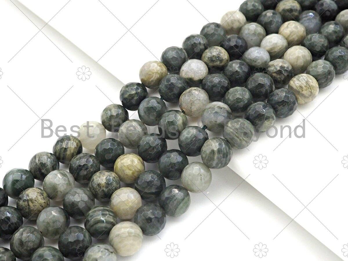 Quality Natural Green Rabbit Fur Courts Round Faceted Beads, 6mm/8mm/10mm/12mm Dark Green Agate, 15.5'' Full Strand, Sku#U1150