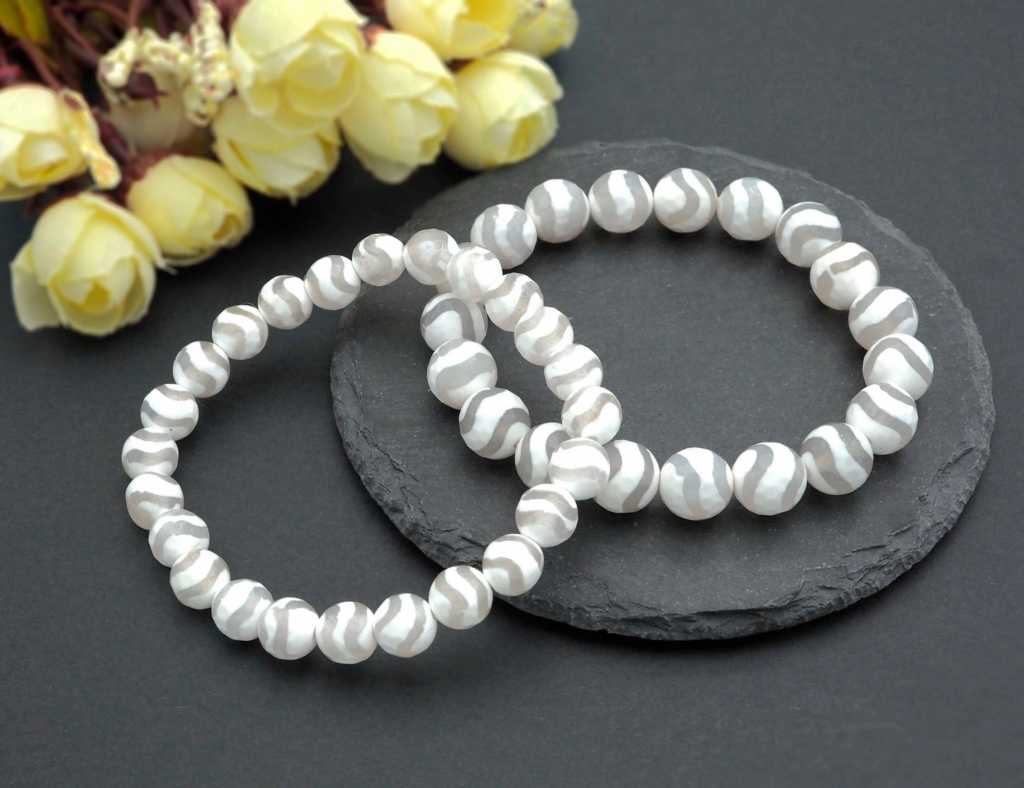 Natural White Tibetan Agate Stretchy Bracelet,U1092