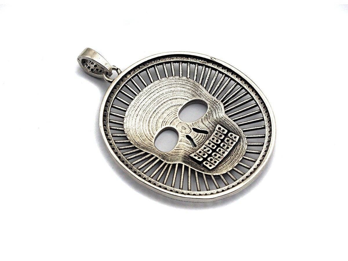 Antique Finish CZ Micro Pave Hollow out Skull Pendant, Silver Tone, 39x46mm,sku#F988C