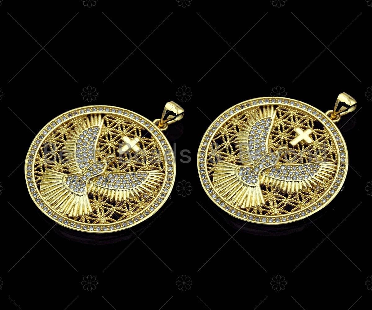 18K Gold Hollow Out Tercel On Round Coin Shape Pendant, Eagle Round Charm, Animal Pave Pendant, Gold plated,mm, Sku#LK53