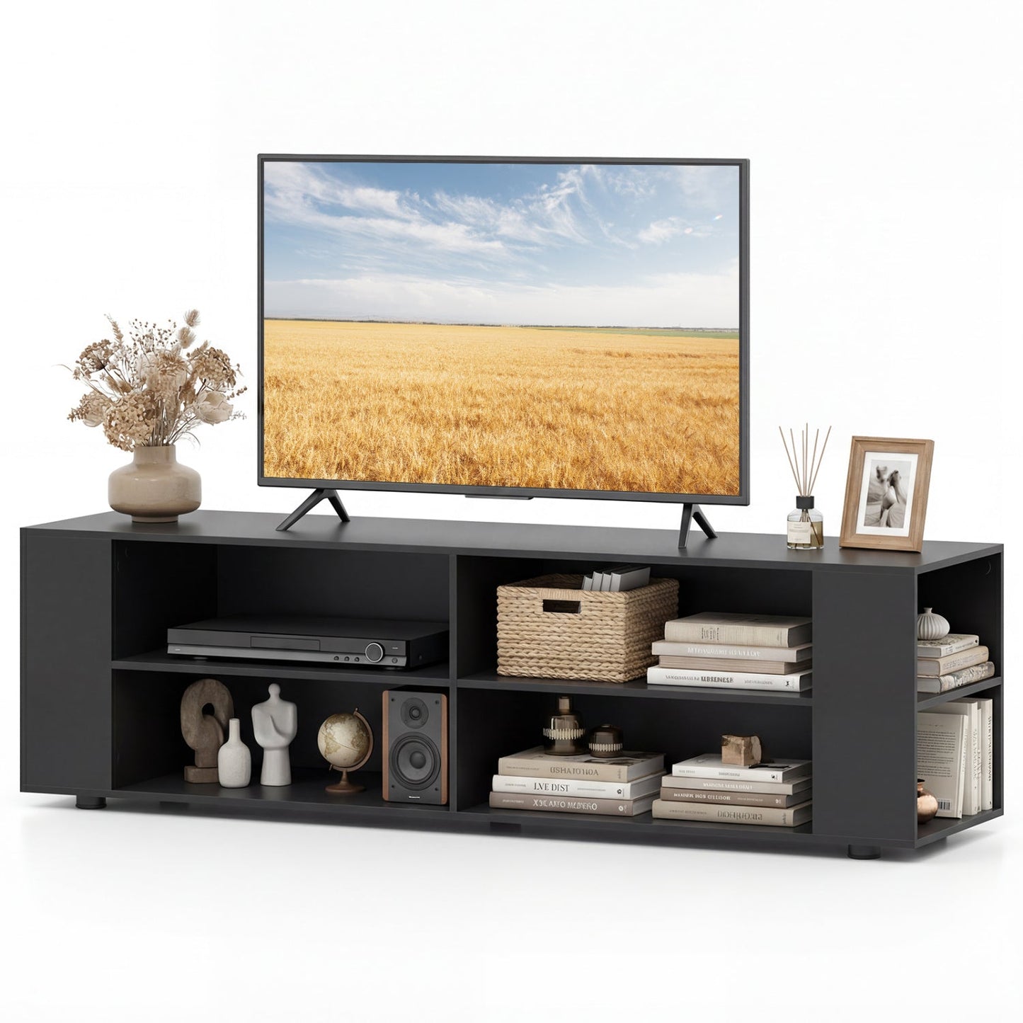 59 Inch Console Storage Entertainment Media Wood TV Stand-Walnut