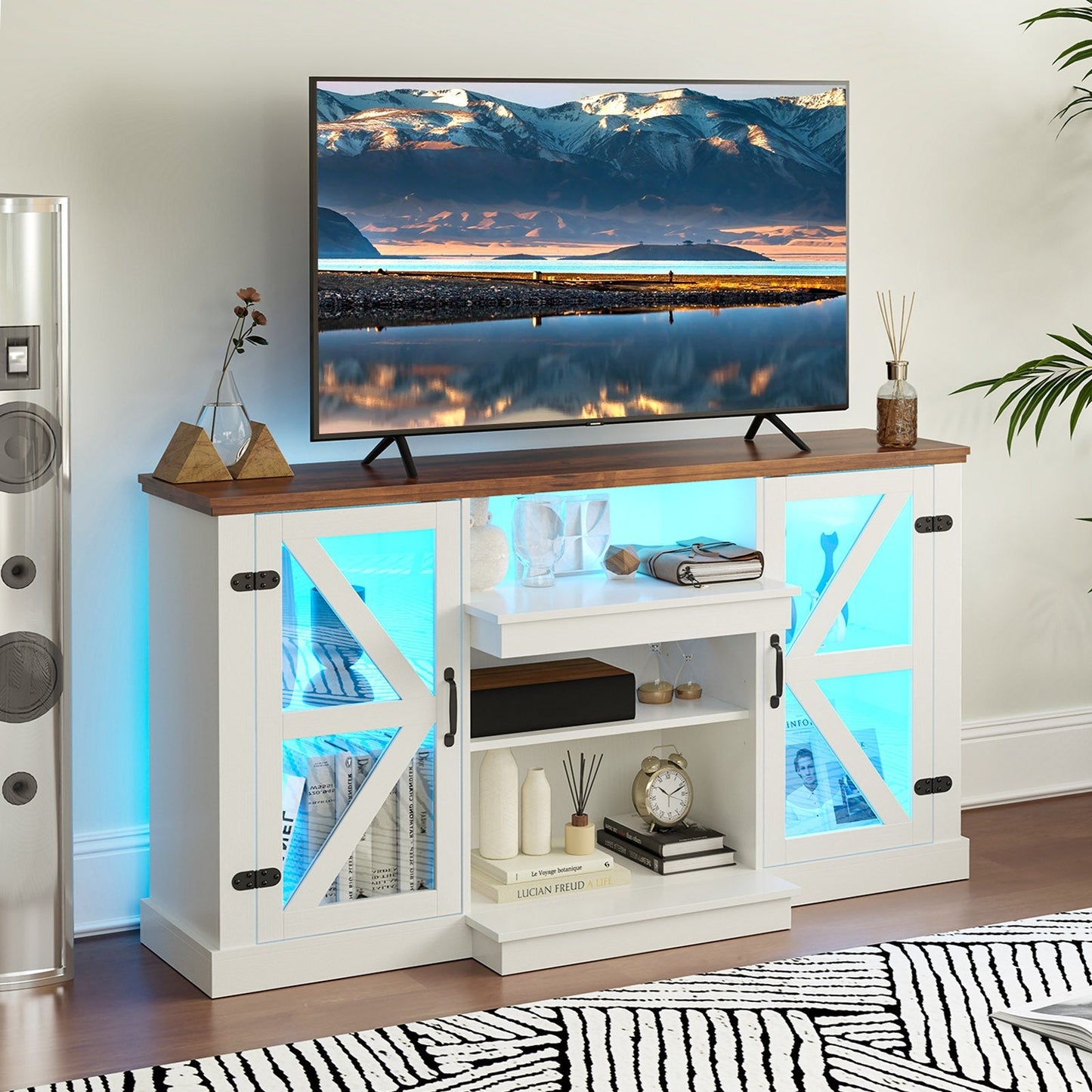 59 Inches Media Console Table with 3-Level Shelves and 22 Dynamic Modes-White