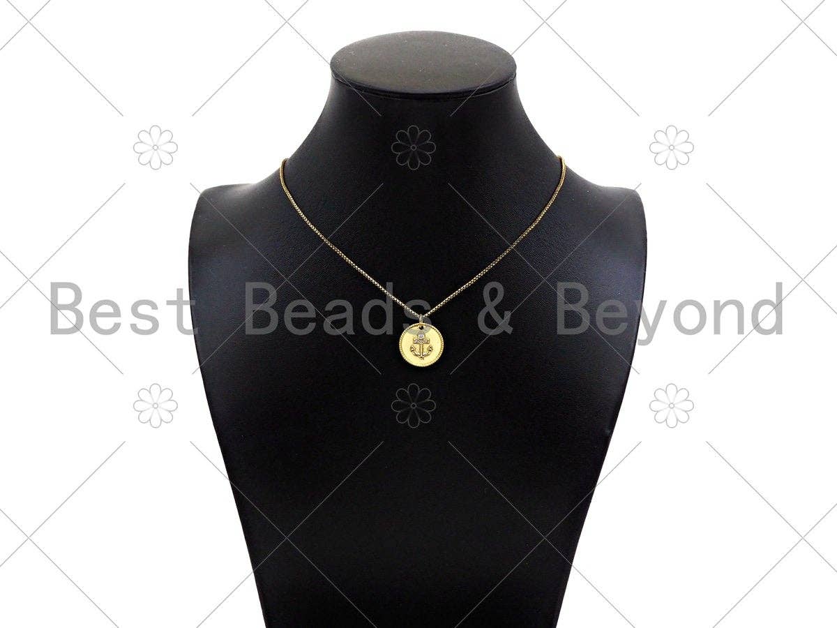 Gold Filled CZ Micro Pave Boat Anchor On Round Coin Shape Pendant, 18K Gold Filled Medallion  Charm, Necklace Bracelet Charm,16mm,Sku#LK340