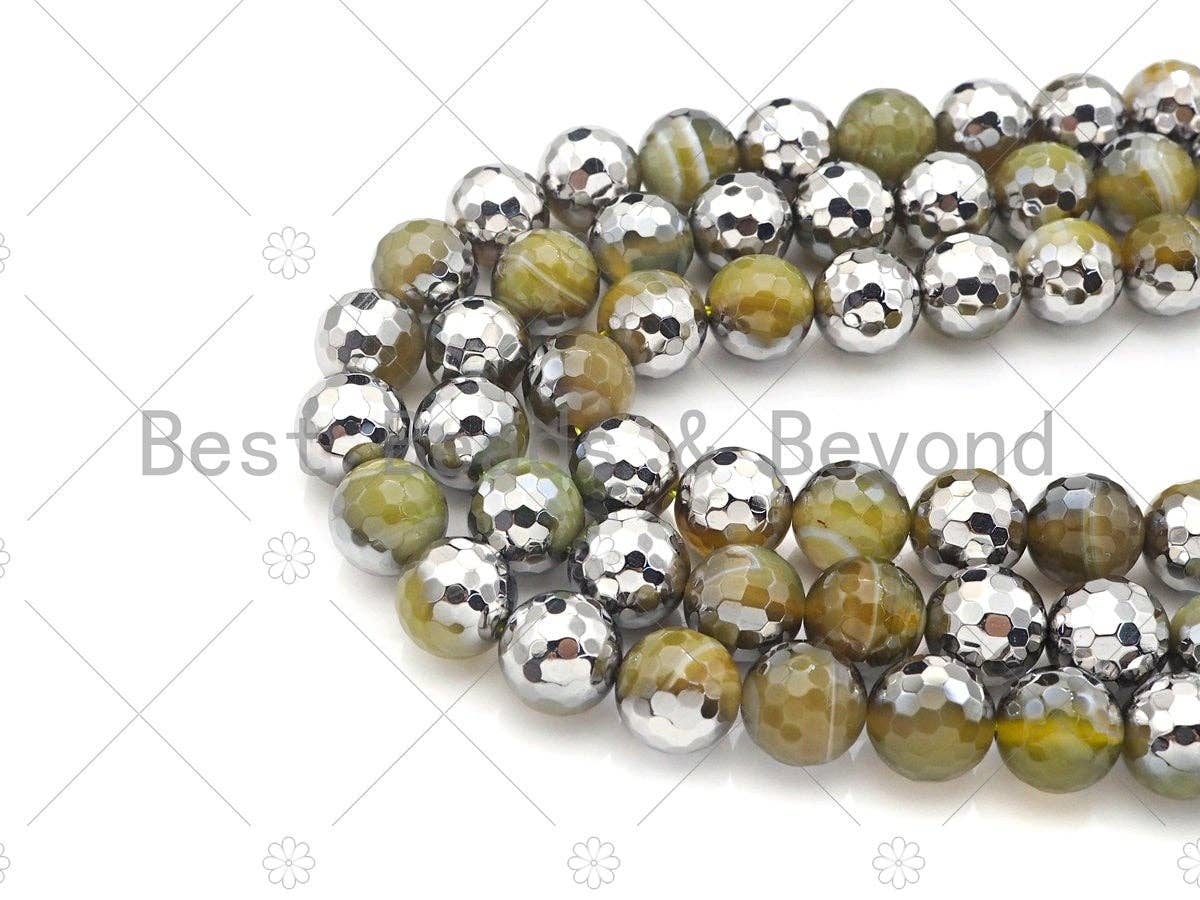 Natural Half Silver Plated Olive Green Agate Beads, 8mm/10mm/12mm Round Faceted Agate Beads, 15.5 Full Strand, sku# UA121