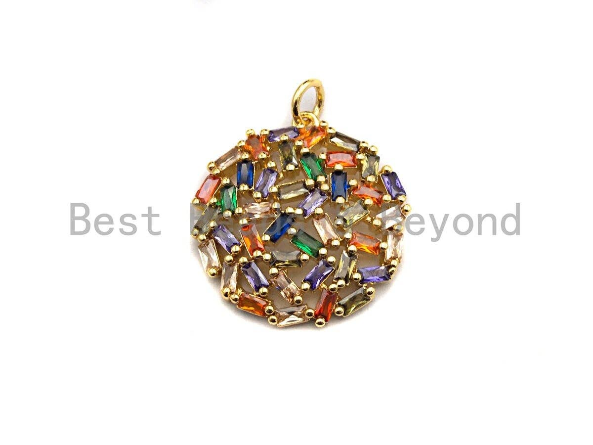 Colorful Baguette CZ Micro Pave Round Shaped Rose Flower Cluster Pendant, Cz Pave Bracelet Necklace Pendant in Gold Finish,21x23mm, sku#F909