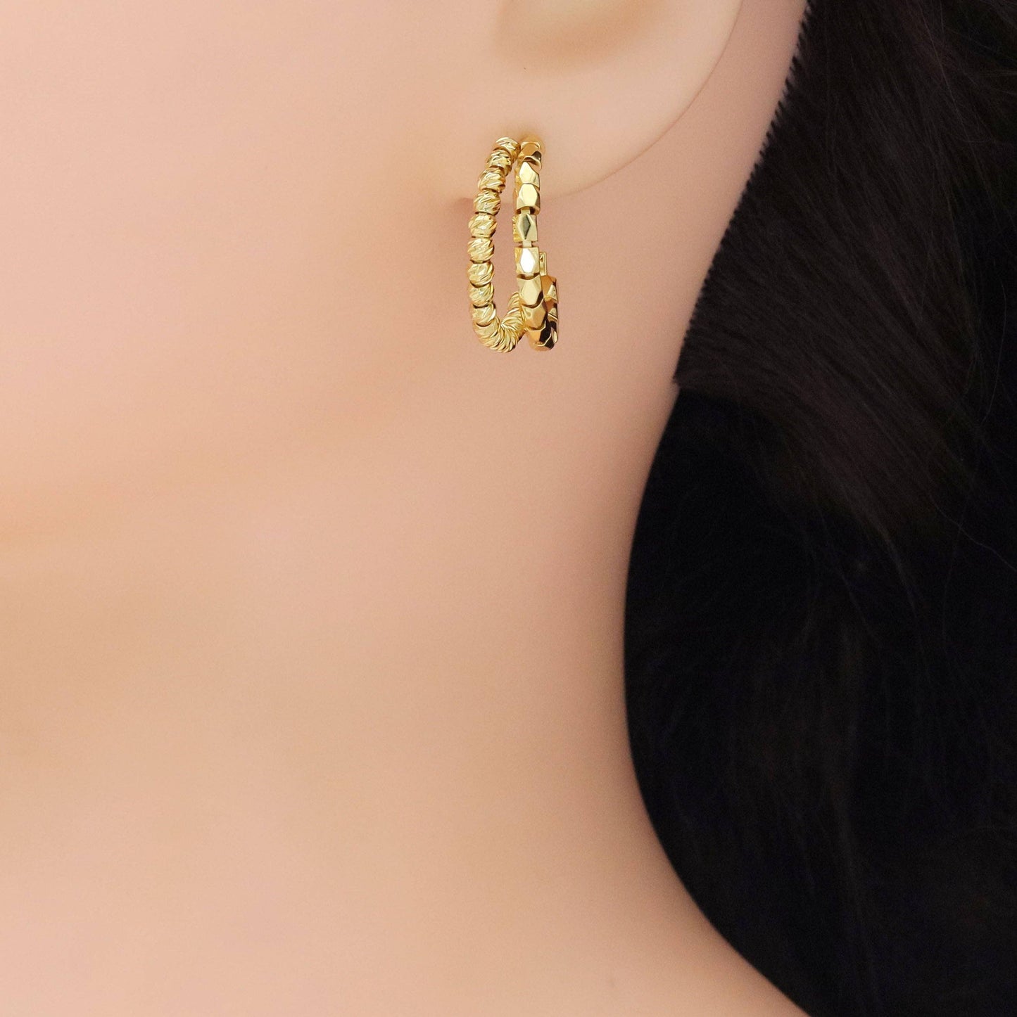 Gold Round Ball Tube Double Line Geometry Hoop Earrings, Sku#LX475