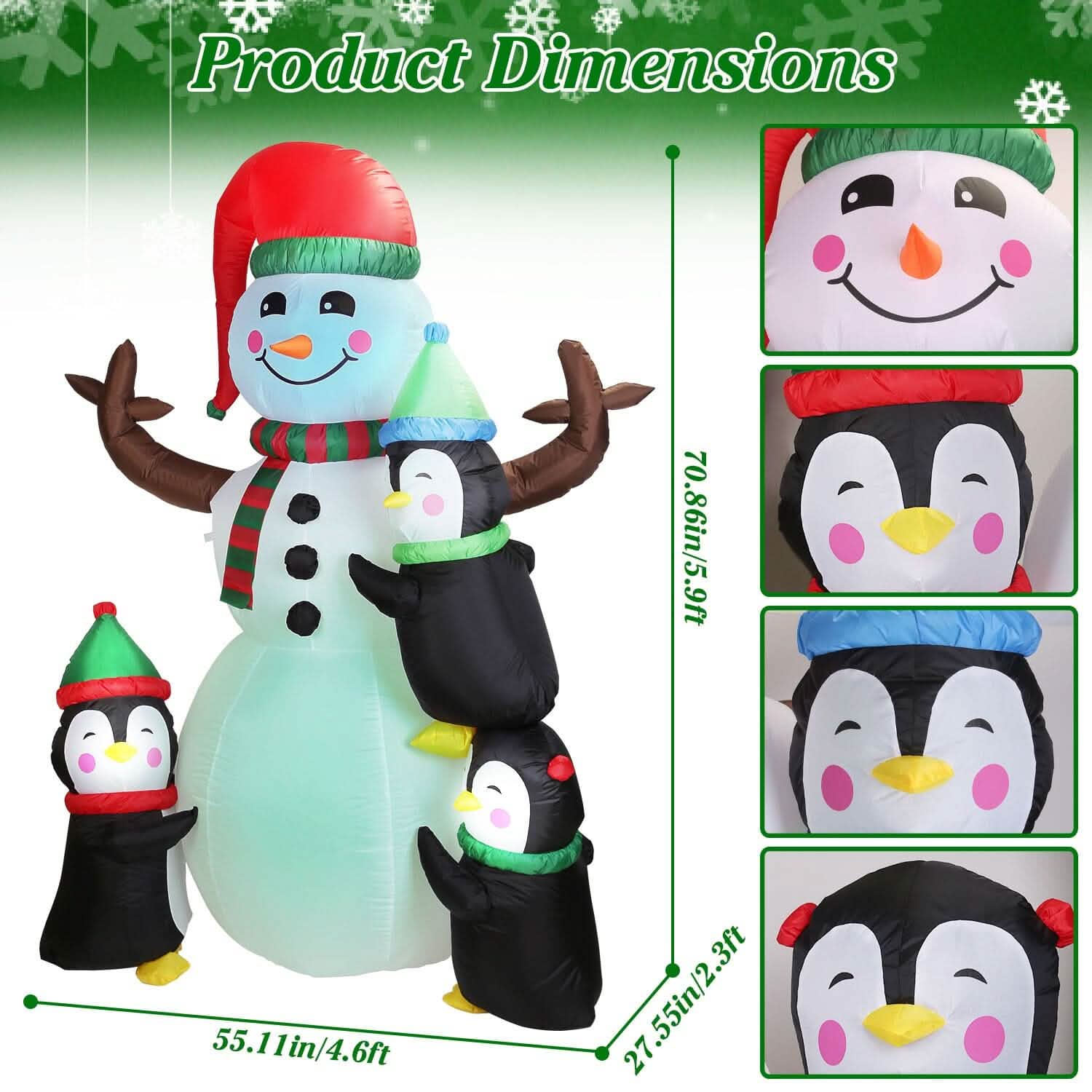 5.9Ft Snowman and Penguin Blow Up Yard Decoration with LED Light Built-in Air Blower